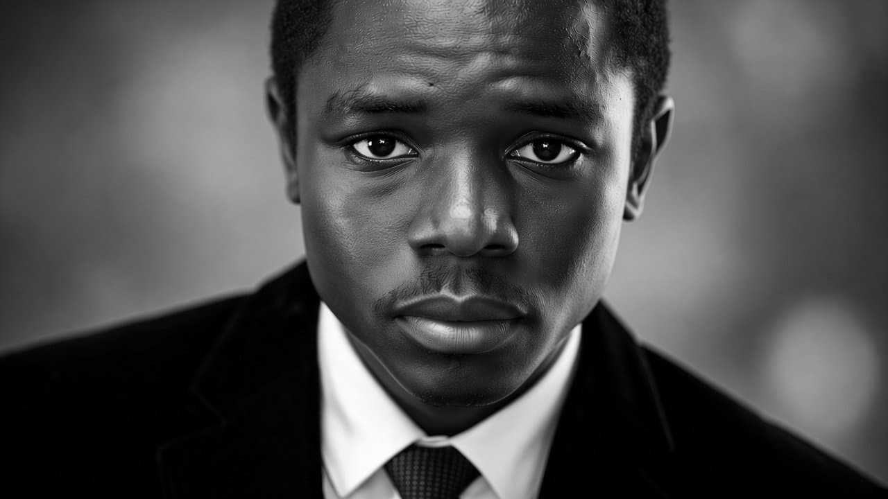 Young man in a suit looking ahead with calm determination, ready to step out of the matrix
