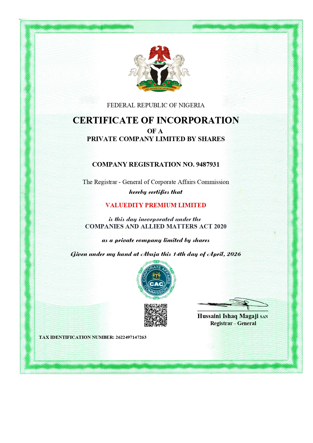 Valuedity CAC registration and compliance